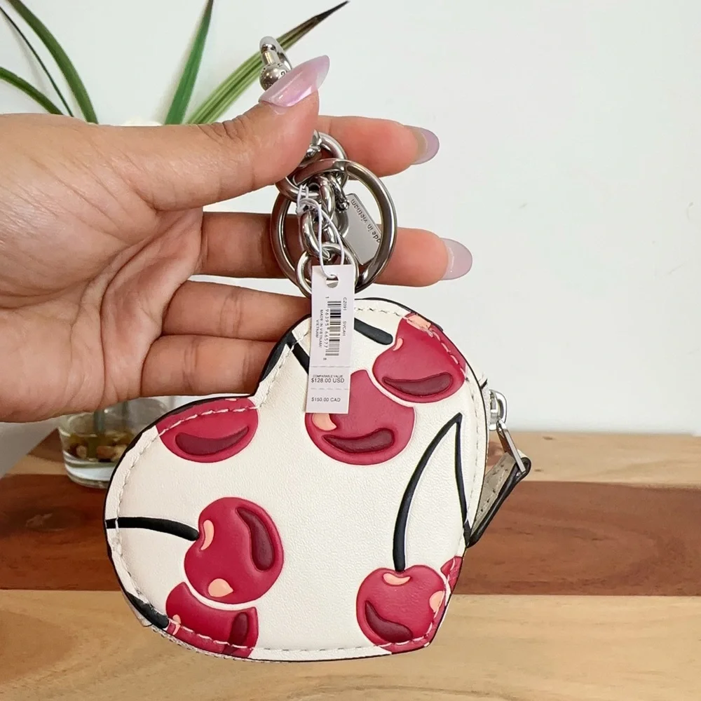 NWT Coach Heart Coin Pouch Bag Charm With‎ Cherry Print